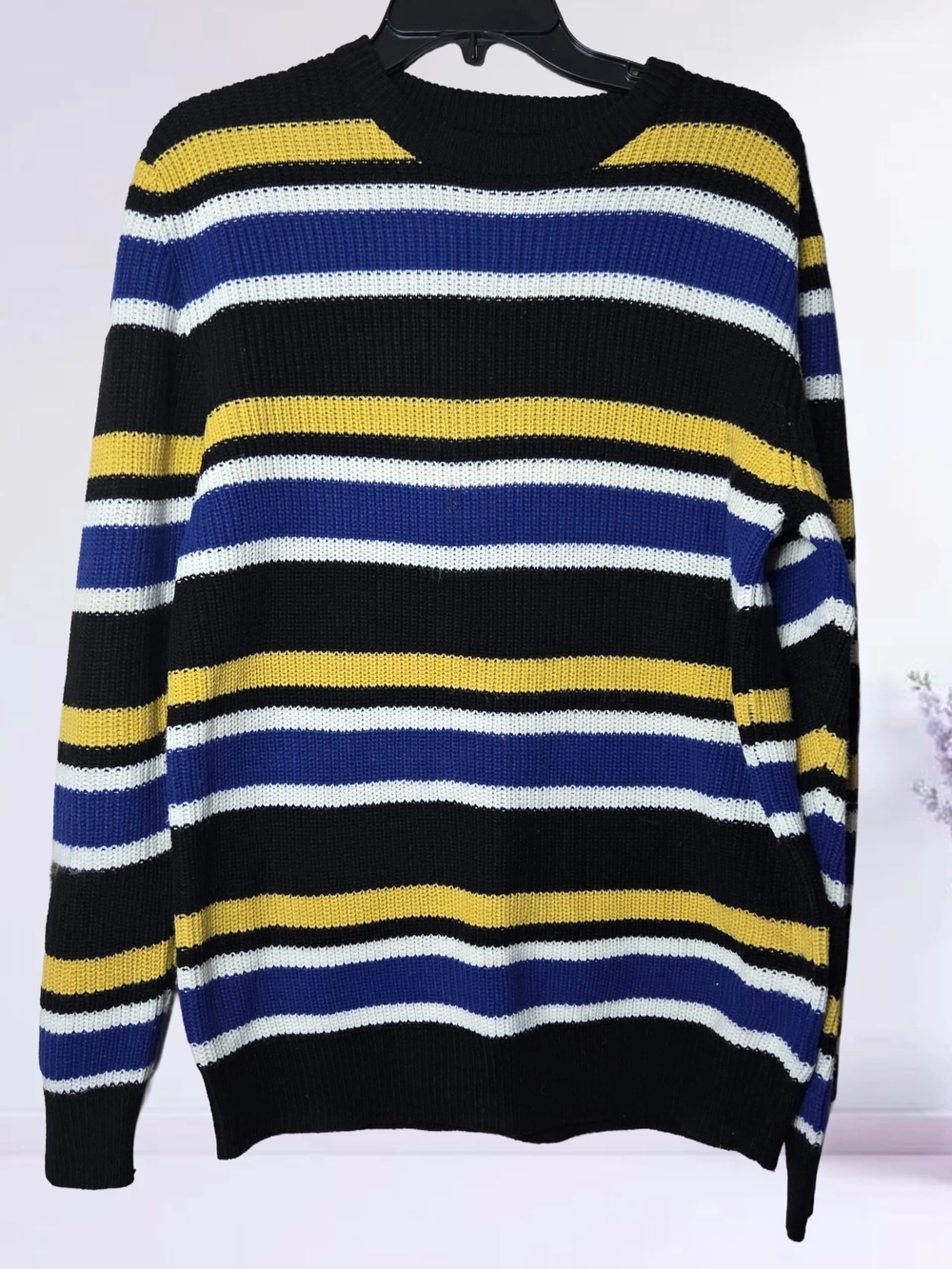 Pull&Bear‎ Black Crewneck Sweater with Yellow, Blue & White Stripes